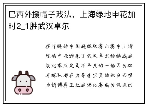 巴西外援帽子戏法，上海绿地申花加时2_1胜武汉卓尔