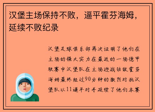 汉堡主场保持不败，逼平霍芬海姆，延续不败纪录