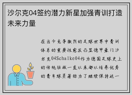 沙尔克04签约潜力新星加强青训打造未来力量