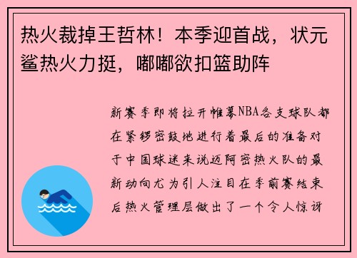热火裁掉王哲林！本季迎首战，状元鲨热火力挺，嘟嘟欲扣篮助阵