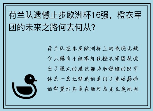 荷兰队遗憾止步欧洲杯16强，橙衣军团的未来之路何去何从？